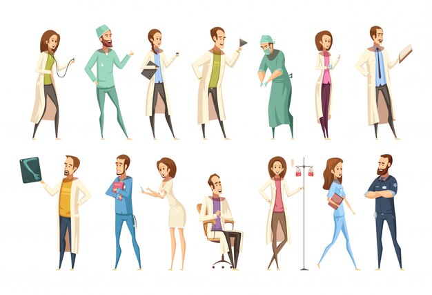 Nurse characters set in cartoon retro style with men and women in different activities