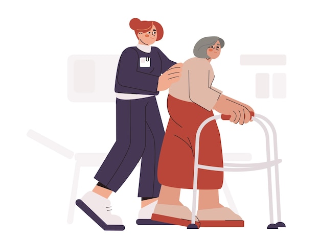 Nurse help old woman to walk with walker