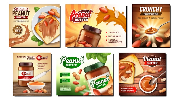 Free Vector nut butter creative promotional banner set. peanut butter creamy food, organic ingredient and kitchen utensil on advertising banners.