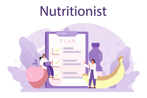 Nutritionist concept Nutrition therapy with healthy food and physical activity Weight loss program and diet concept Vector illustration in cartoon style