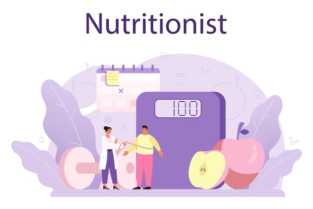 Nutritionist concept Nutrition therapy with healthy food and physical activity Weight loss program and diet concept Vector illustration in cartoon style