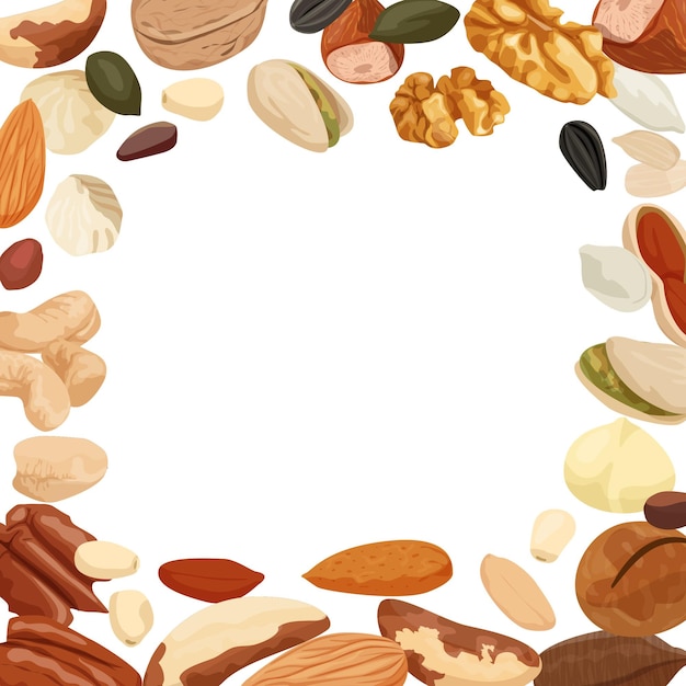 Free Vector nuts and seeds flat composition with empty space surrounded by images of beans of different color vector illustration