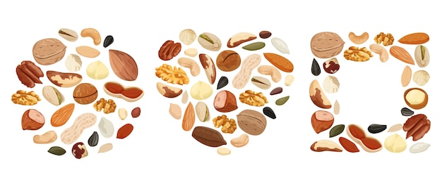 Free Vector nuts and seeds flat set with isolated bean icons combined into circle heart and square shapes vector illustration