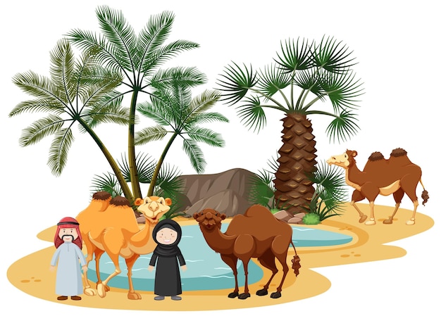 Free Vector oasis in desert with camel and nature elements