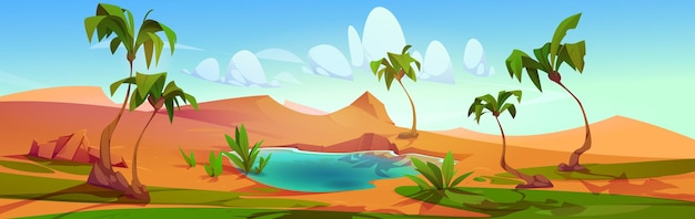 Free Vector oasis with palm trees and lake in desert summer landscape with sand dunes water green plants and grass nature panorama with oasis in desert vector cartoon illustration