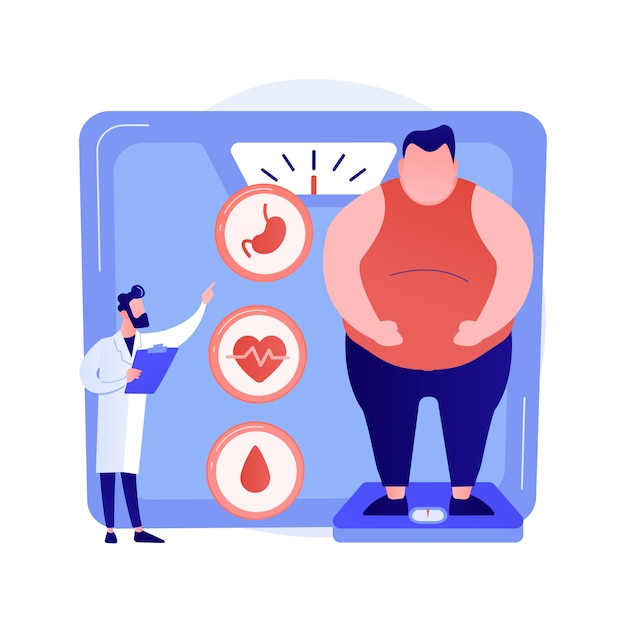 Obesity problem. Overweight man medical consultation and diagnostics. Negative impact of obesity on humans health and internal organs. Vector isolated concept metaphor illustration