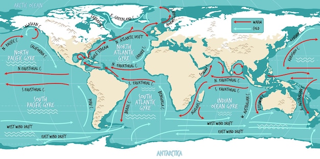 Free vector the ocean current world map with names