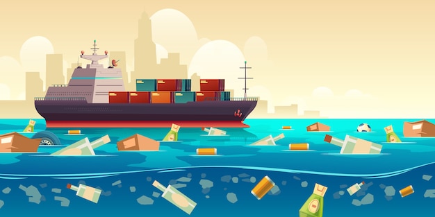 ocean plastic garbage pollution with ship illustration