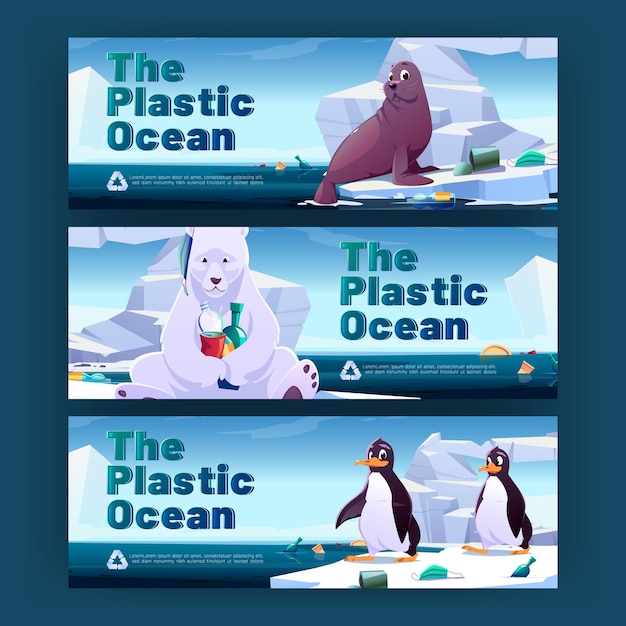 Free vector ocean plastic pollution cartoon banners animals in polluted arctic nature wild penguins polar bear and seal sit on ice floes in sea contaminated with garbage save planet vector eco concept flyers