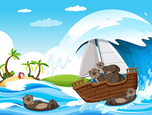 Ocean scene with otters on a sailboat