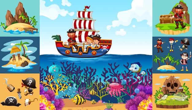 Free vector ocean scenes with pirate on ship