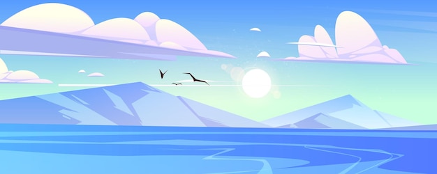 Ocean or sea with mountains and gulls in blue sky