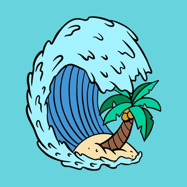 Free Vector ocean waves with coconut tree sticker vector