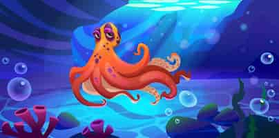 Free vector octopus cartoon character swimming underwater