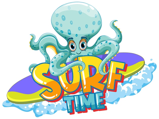 Free vector octopus cartoon character with surf time word