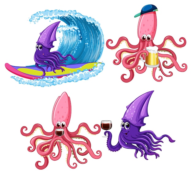 Free vector octopus and squid cartoon characters in summer theme