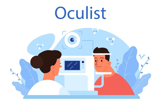 Free Vector oculist concept idea of eye exam and treatment eyesight diagnosis and laser correction oculist in the uniform check vision vector illustration in cartoon style