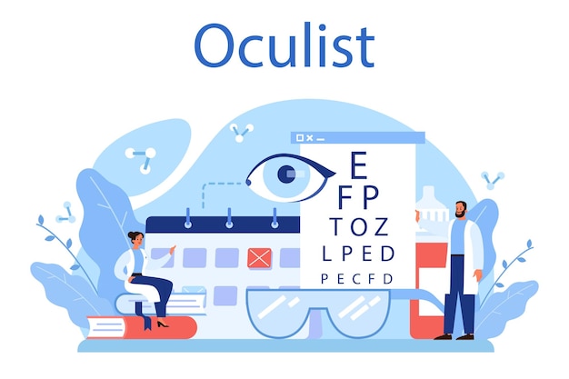 Free Vector oculist concept idea of eye exam and treatment eyesight diagnosis and laser correction oculist in the uniform check vision vector illustration in cartoon style