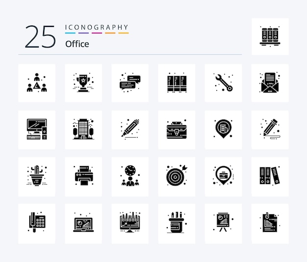 Office 25 Solid Glyph icon pack including support customer business storage furniture