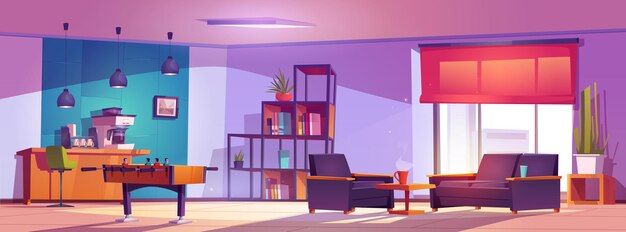 Office breakout room cartoon vector design Lounge break zone creative interior for young community in coworking background Modern clinic relax and recreation space with armchair football and sofa