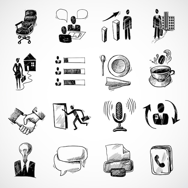 Office business sketch icons set with tea cup handshake chart isolated vector illustration