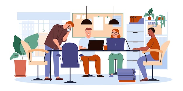 Free Vector office flat concept with employees sitting at work table vector illustration