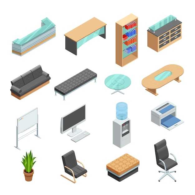 Free vector office furniture isometric icons set