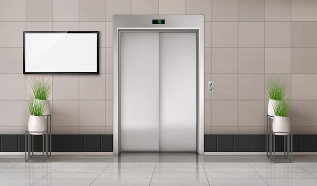 Free Vector office hallway with closed elevator door and tv screen on the wall