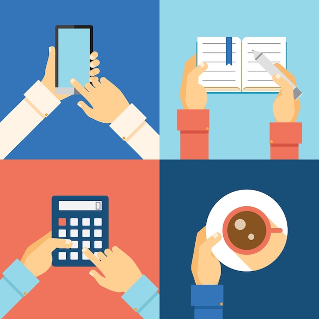 office hands: smartphone, calculator, cup of coffee and taking notes