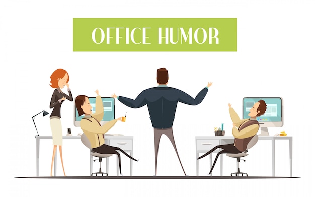 Free Vector office humor design in cartoon style with laughing men and woman 