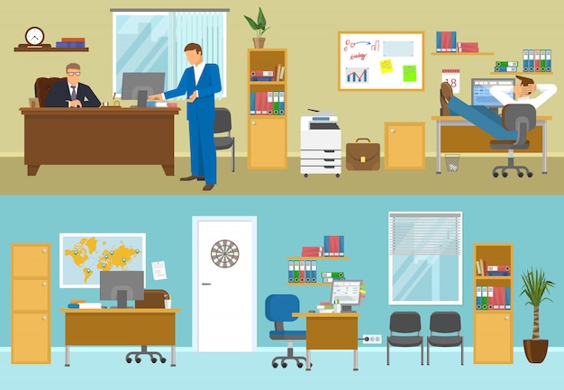 Office interior compositions with businesspersons in beige room and empty workplaces with blue walls isolated vector illustration