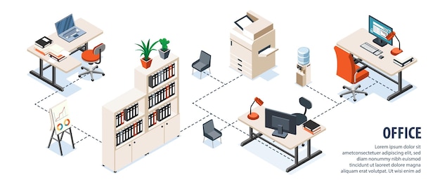 Free Vector office interior isometric infographics demonstrating modern ergonomic furniture and office equipment vector illustration