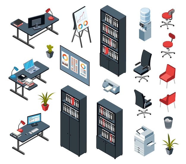 Office interior isometric set of bookcase desk armchair water cooler isolated icons vector illustration