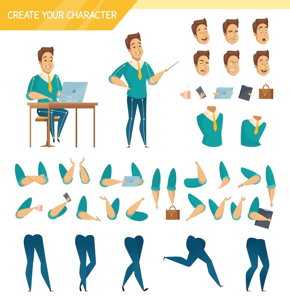 Office male worker character creator constructor elements collection with hands legs heads and accessories isolated 