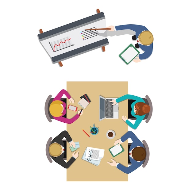 Free vector office meeting room top view report business collaboration teamwork brainstorming flat   concept . staff around table working with laptop tablet. creative people collection.