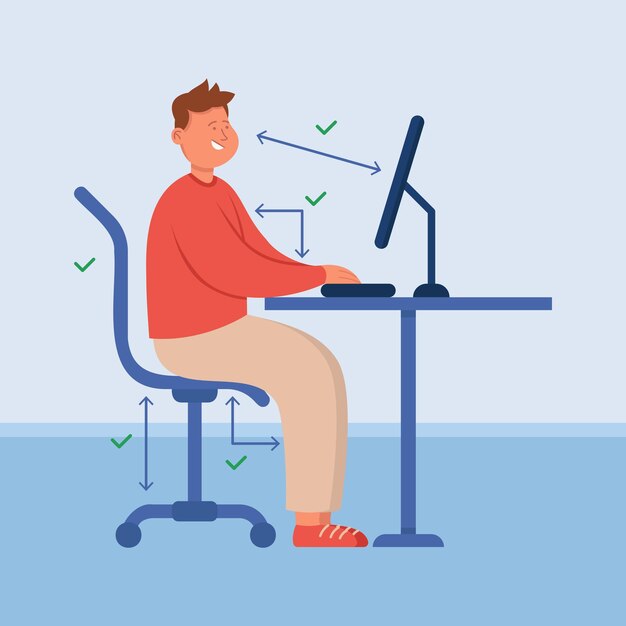 Office person with correct posture sitting at computer desk. Right position and distance between screen and character with healthy back at work flat vector illustration. Health, ergonomics concept