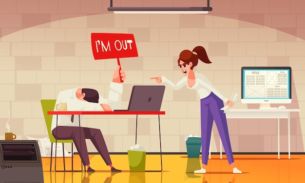 Free vector office stress cartoon composition with woman shouting on stressed colleague vector illustration