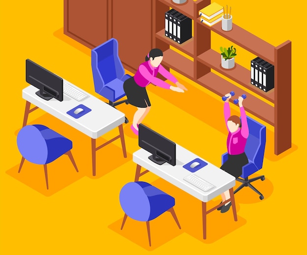 Office stretches isometric background with two female employees training at work tables with laptop vector illustration