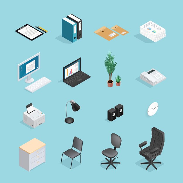 Office Supplies Isometric Icon Set