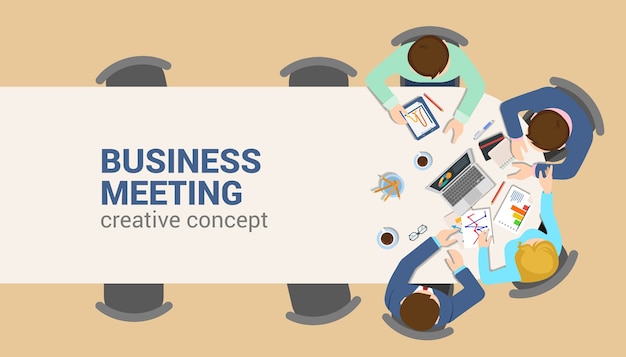 Office table top view business meeting flat web infographic concept . Staff table report analytics working tablet laptop empty background. Brainstorm report planning. Creative people collection.