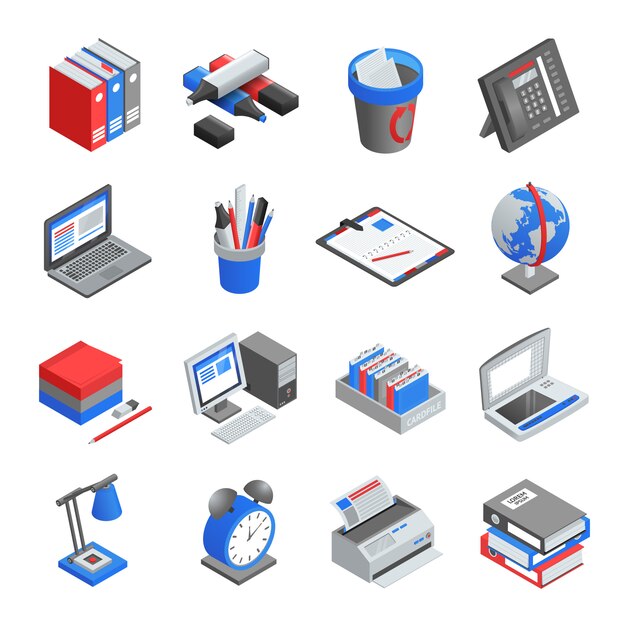 Office Tools Isometric Icons Set