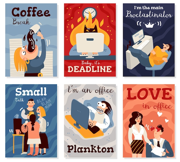 Office work cards set with coffee break symbols flat isolated illustration