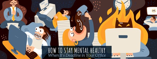 Office work and deadline illustration with mental health symbols