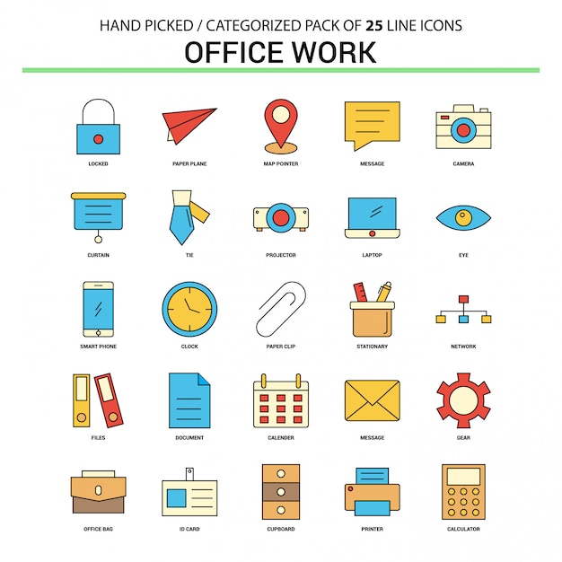 Office work Flat Line Icon Set