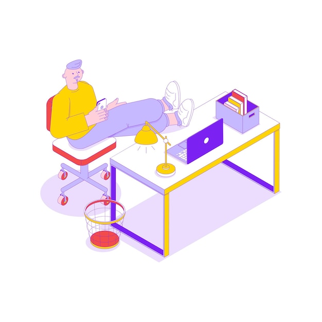 Office worker relaxing with smartphone at his workplace isometric illustration