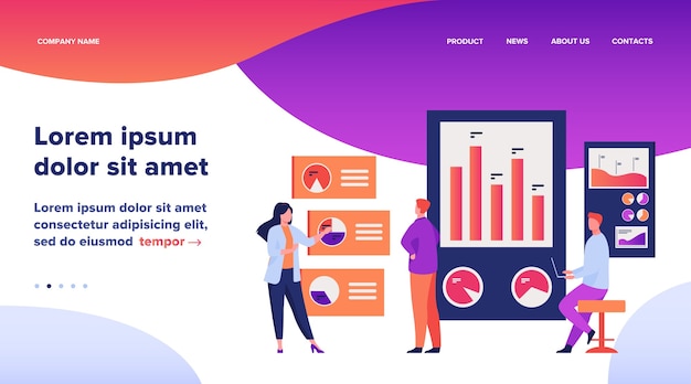 Office workers analyzing and researching business data vector illustration. Marketing analysts developing strategy. Business people studying infographics and diagrams on dashboard