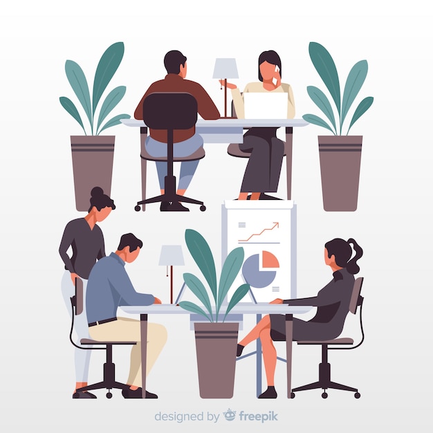 Office workers sitting at desks illustration