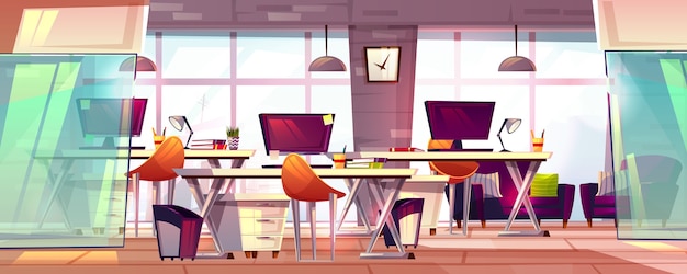 Office workspace illustration or coworking business open workplace interior. 