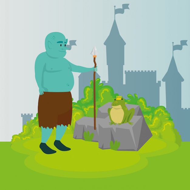 Free Vector ogre with spear in scene fairytale