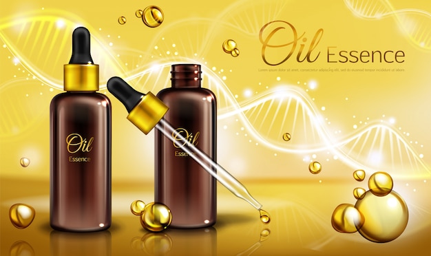 Free Vector oil essence in brown glass bottles with pipette and yellow liquid in droplets, spots.